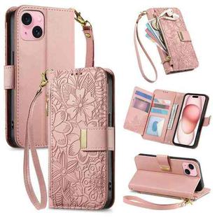 For iPhone 15 Plus Flowers Leaves Zipper Wallet Leather Phone Case with Strap(Pink)