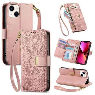 For iPhone 14 / 13 Flowers Leaves Zipper Wallet Leather Phone Case with Strap(Pink)