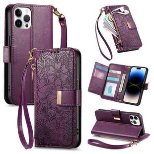 For iPhone 14 Pro Max Flowers Leaves Zipper Wallet Leather Phone Case with Strap(Purple)