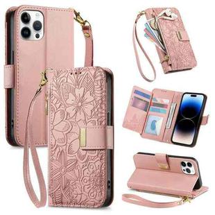 For iPhone 14 Pro Max Flowers Leaves Zipper Wallet Leather Phone Case with Strap(Pink)