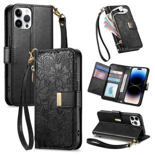 For iPhone 14 Pro Max Flowers Leaves Zipper Wallet Leather Phone Case with Strap(Black)