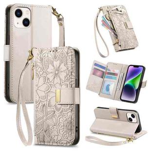 For iPhone 14 Plus Flowers Leaves Zipper Wallet Leather Phone Case with Strap(Khaki)