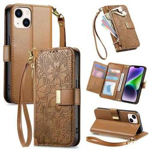 For iPhone 14 Plus Flowers Leaves Zipper Wallet Leather Phone Case with Strap(Brown)