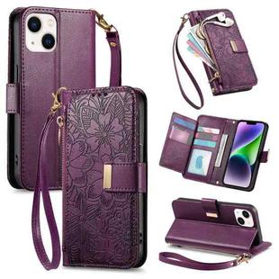 For iPhone 14 Plus Flowers Leaves Zipper Wallet Leather Phone Case with Strap(Purple)