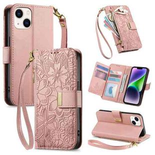 For iPhone 14 Plus Flowers Leaves Zipper Wallet Leather Phone Case with Strap(Pink)