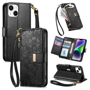 For iPhone 14 Plus Flowers Leaves Zipper Wallet Leather Phone Case with Strap(Black)