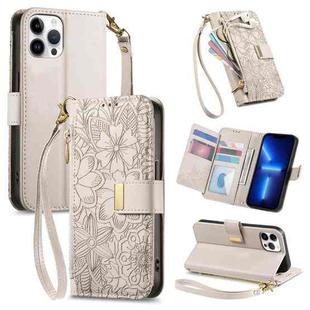 For iPhone 13 Pro Flowers Leaves Zipper Wallet Leather Phone Case with Strap(Khaki)