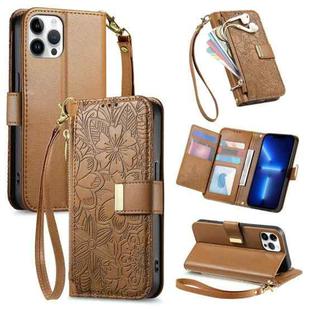 For iPhone 13 Pro Flowers Leaves Zipper Wallet Leather Phone Case with Strap(Brown)