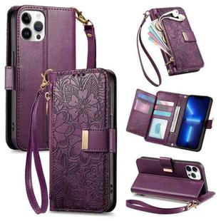 For iPhone 13 Pro Flowers Leaves Zipper Wallet Leather Phone Case with Strap(Purple)