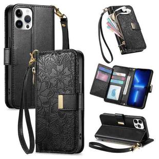 For iPhone 13 Pro Flowers Leaves Zipper Wallet Leather Phone Case with Strap(Black)