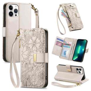 For iPhone 13 Pro Max Flowers Leaves Zipper Wallet Leather Phone Case with Strap(Khaki)