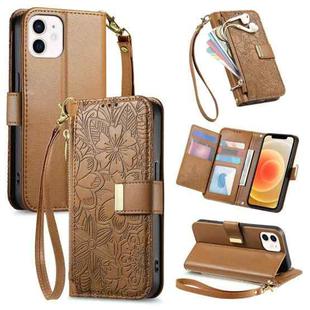 For iPhone 12 / 12 Pro Flowers Leaves Zipper Wallet Leather Phone Case with Strap(Brown)