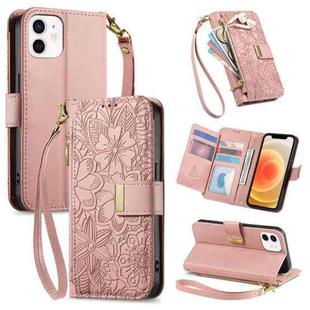 For iPhone 12 / 12 Pro Flowers Leaves Zipper Wallet Leather Phone Case with Strap(Pink)