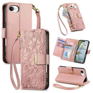 For iPhone 16e Flowers Leaves Zipper Wallet Leather Phone Case with Strap(Pink)