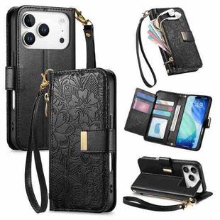 For iPhone 17 Pro Flowers Leaves Zipper Wallet Leather Phone Case with Strap(Black)