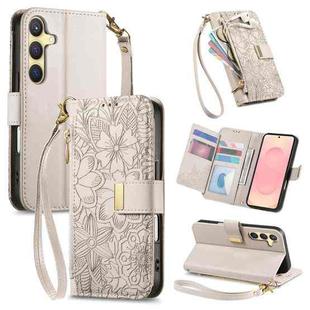 For Samsung Galaxy S25+ 5G Flowers Leaves Zipper Wallet Leather Phone Case with Strap(Khaki)