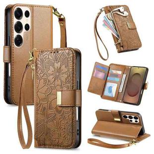 For Samsung Galaxy S25 Ultra 5G Flowers Leaves Zipper Wallet Leather Phone Case with Strap(Brown)