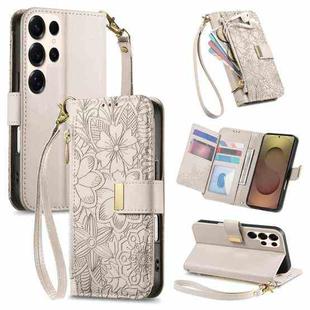 For Samsung Galaxy S25 Ultra 5G Flowers Leaves Zipper Wallet Leather Phone Case with Strap(Khaki)