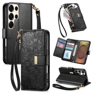 For Samsung Galaxy S25 Ultra 5G Flowers Leaves Zipper Wallet Leather Phone Case with Strap(Black)