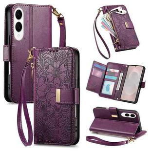 For Samsung Galaxy S25 Edge 5G Flowers Leaves Zipper Wallet Leather Phone Case with Strap(Purple)