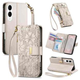 For Samsung Galaxy S25 Edge 5G Flowers Leaves Zipper Wallet Leather Phone Case with Strap(Khaki)