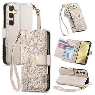 For Samsung Galaxy S24+ 5G Flowers Leaves Zipper Wallet Leather Phone Case with Strap(Khaki)
