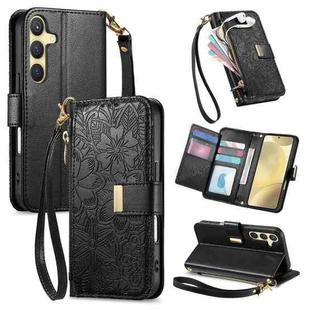 For Samsung Galaxy S24+ 5G Flowers Leaves Zipper Wallet Leather Phone Case with Strap(Black)