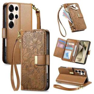 For Samsung Galaxy S24 Ultra 5G Flowers Leaves Zipper Wallet Leather Phone Case with Strap(Brown)