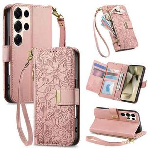 For Samsung Galaxy S24 Ultra 5G Flowers Leaves Zipper Wallet Leather Phone Case with Strap(Pink)