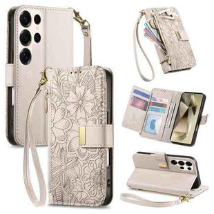 For Samsung Galaxy S24 Ultra 5G Flowers Leaves Zipper Wallet Leather Phone Case with Strap(Khaki)