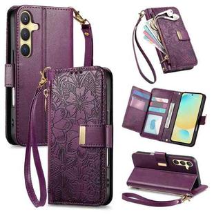 For Samsung Galaxy S24 FE 5G Flowers Leaves Zipper Wallet Leather Phone Case with Strap(Purple)