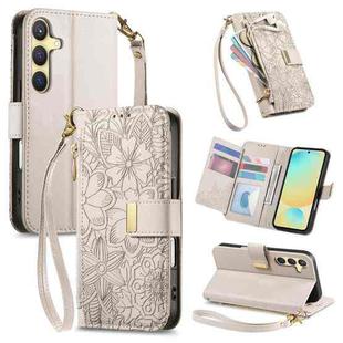 For Samsung Galaxy S24 FE 5G Flowers Leaves Zipper Wallet Leather Phone Case with Strap(Khaki)