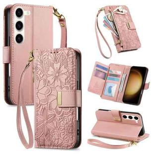 For Samsung Galaxy S23+ 5G Flowers Leaves Zipper Wallet Leather Phone Case with Strap(Pink)