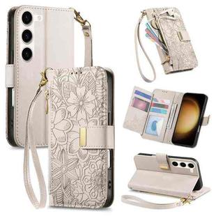 For Samsung Galaxy S23+ 5G Flowers Leaves Zipper Wallet Leather Phone Case with Strap(Khaki)