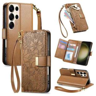 For Samsung Galaxy S23 Ultra 5G Flowers Leaves Zipper Wallet Leather Phone Case with Strap(Brown)