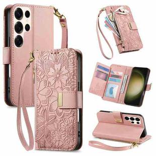 For Samsung Galaxy S23 Ultra 5G Flowers Leaves Zipper Wallet Leather Phone Case with Strap(Pink)