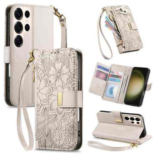 For Samsung Galaxy S23 Ultra 5G Flowers Leaves Zipper Wallet Leather Phone Case with Strap(Khaki)