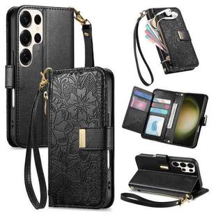For Samsung Galaxy S23 Ultra 5G Flowers Leaves Zipper Wallet Leather Phone Case with Strap(Black)