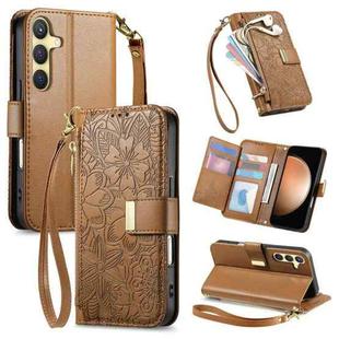 For Samsung Galaxy S23 FE 5G Flowers Leaves Zipper Wallet Leather Phone Case with Strap(Brown)