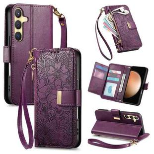 For Samsung Galaxy S23 FE 5G Flowers Leaves Zipper Wallet Leather Phone Case with Strap(Purple)