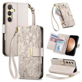 For Samsung Galaxy S23 FE 5G Flowers Leaves Zipper Wallet Leather Phone Case with Strap(Khaki)