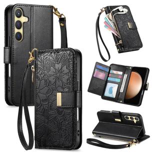 For Samsung Galaxy S23 FE 5G Flowers Leaves Zipper Wallet Leather Phone Case with Strap(Black)