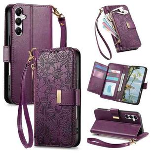 For Samsung Galaxy A15 Flowers Leaves Zipper Wallet Leather Phone Case with Strap(Purple)