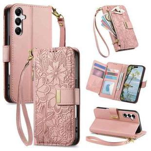 For Samsung Galaxy A15 Flowers Leaves Zipper Wallet Leather Phone Case with Strap(Pink)