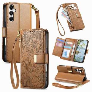 For Samsung Galaxy A16 Flowers Leaves Zipper Wallet Leather Phone Case with Strap(Brown)