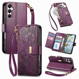 For Samsung Galaxy A16 Flowers Leaves Zipper Wallet Leather Phone Case with Strap(Purple)