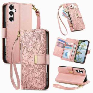 For Samsung Galaxy A16 Flowers Leaves Zipper Wallet Leather Phone Case with Strap(Pink)