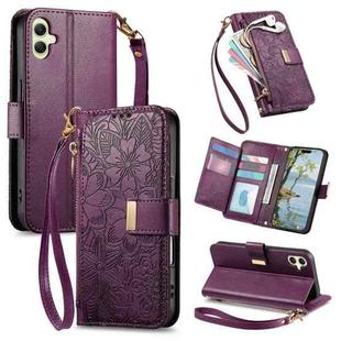 For Samsung Galaxy A05 Flowers Leaves Zipper Wallet Leather Phone Case with Strap(Purple)