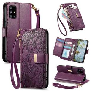 For Samsung Galaxy A51 5G Flowers Leaves Zipper Wallet Leather Phone Case with Strap(Purple)