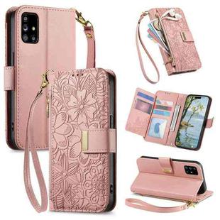 For Samsung Galaxy A51 5G Flowers Leaves Zipper Wallet Leather Phone Case with Strap(Pink)